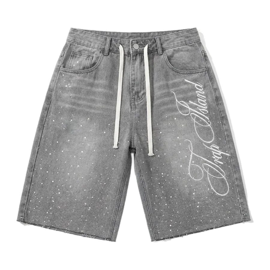 Script splatter denim shorts, front