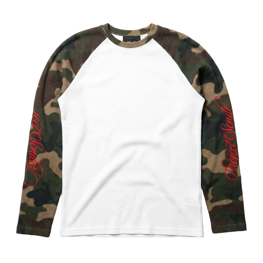 White waffle long sleeve with woodland camo raglan sleeves and red script