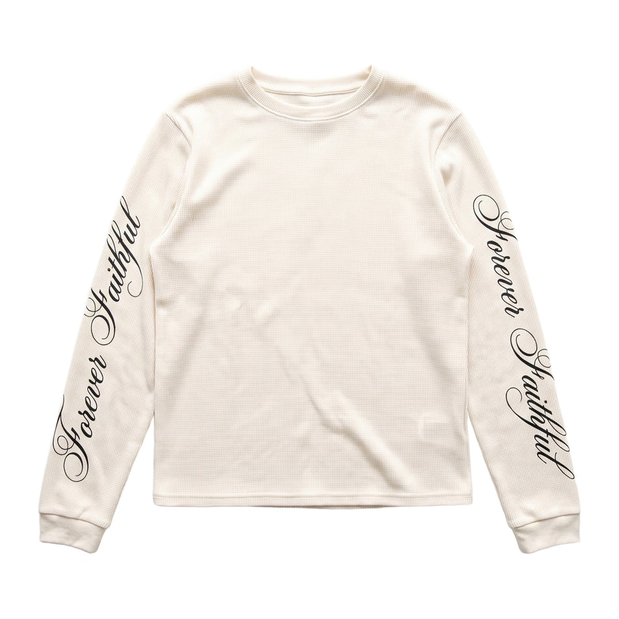 Off white waffle long sleeve with script lettering down both sleeves