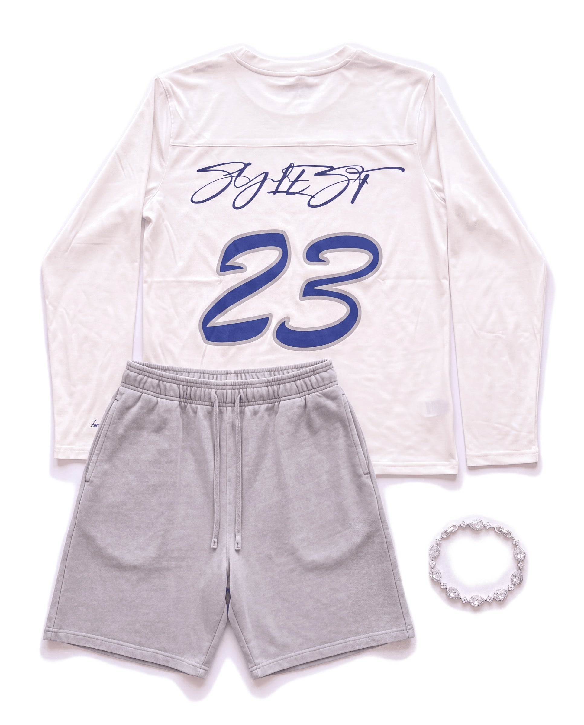 Ice 23 set, off white 23 long sleeve with grey shorts and bracelet