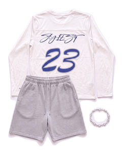 Ice 23 set, off white 23 long sleeve with grey shorts and bracelet