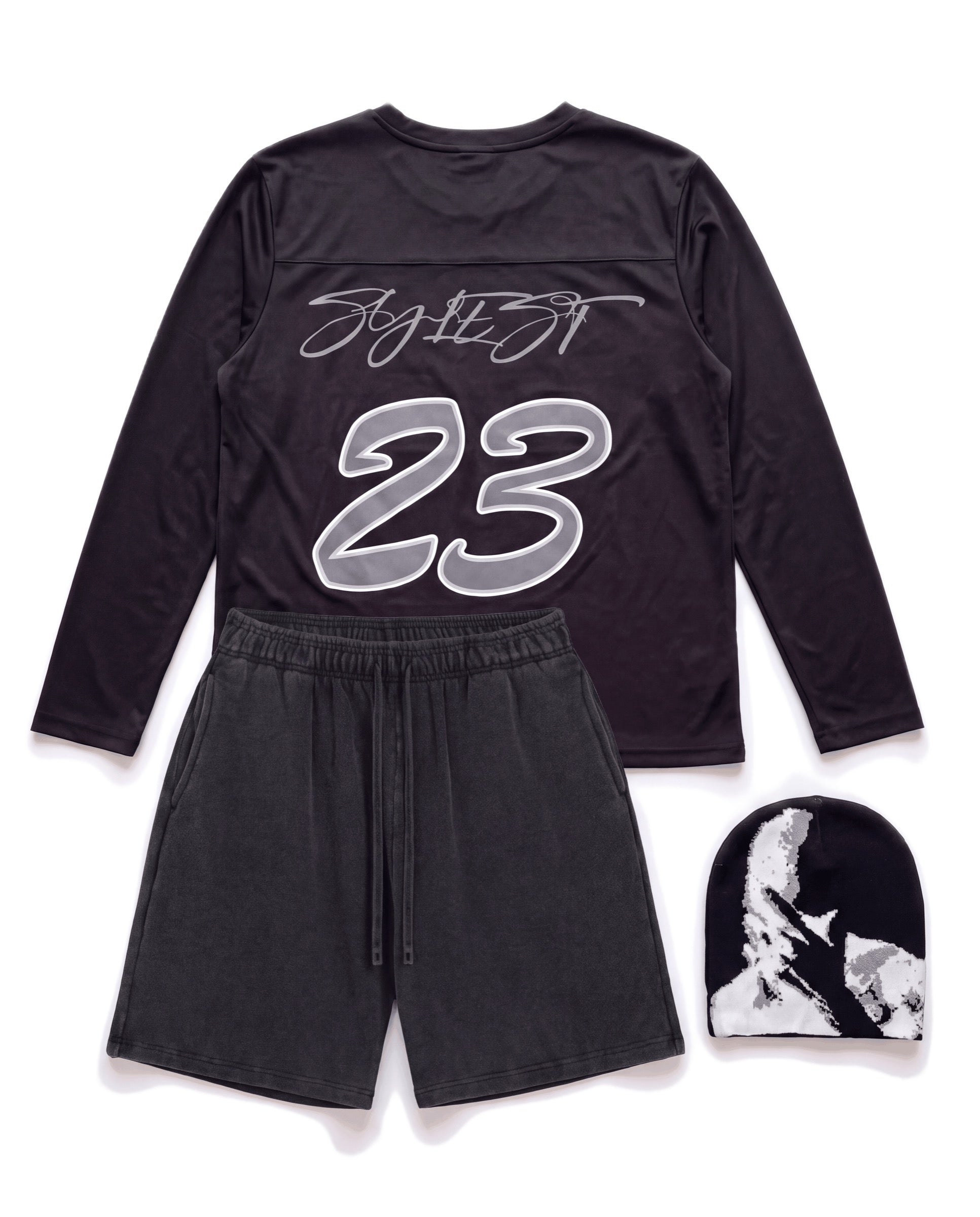 Midnight 23 set, black 23 long sleeve with washed black shorts and beanie