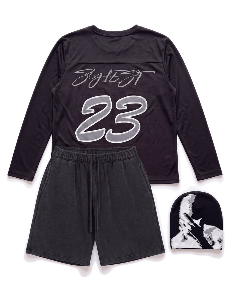 Midnight 23 set, black 23 long sleeve with washed black shorts and beanie