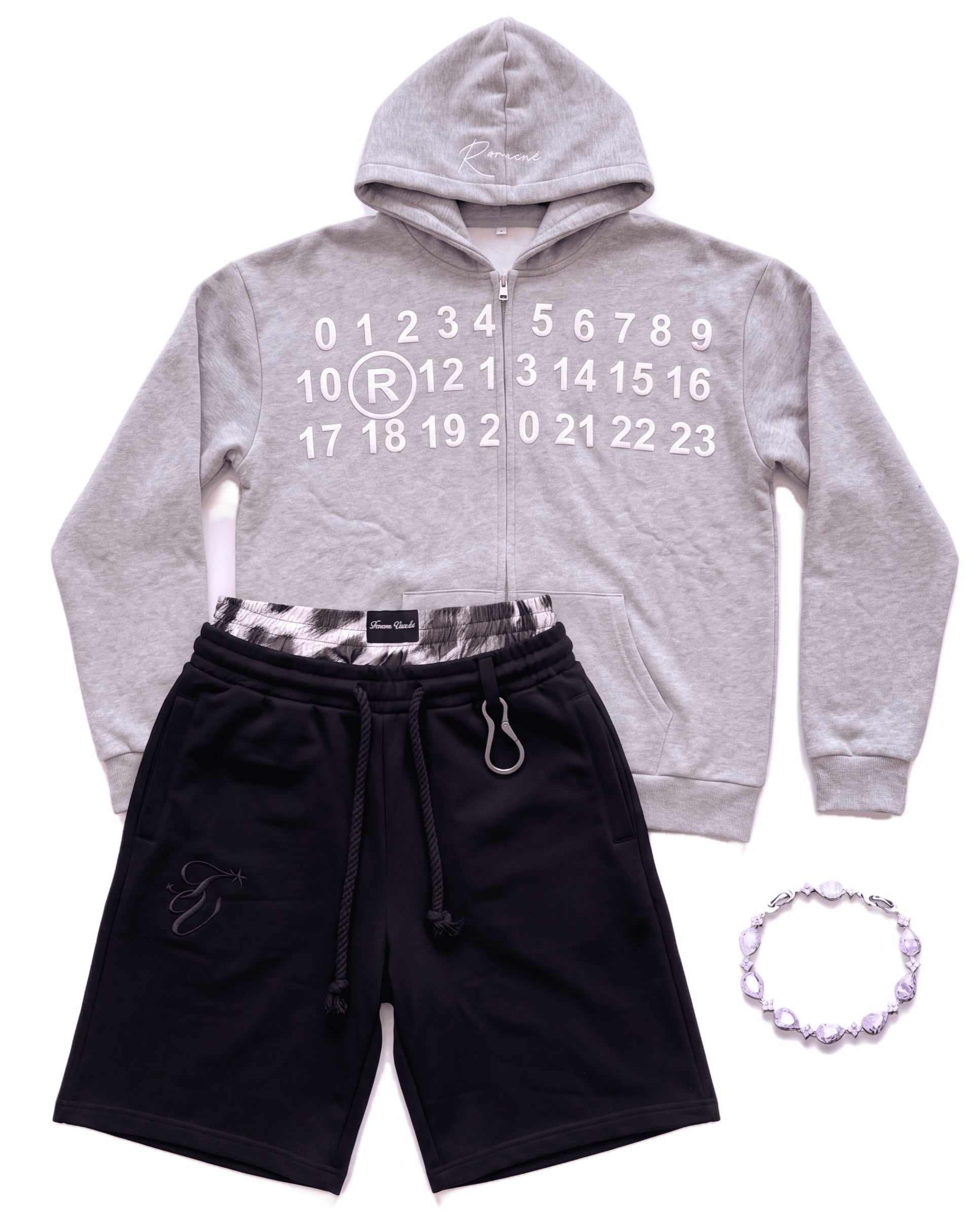 Numbers hoodie set, grey zip hoodie with black shorts and bracelet