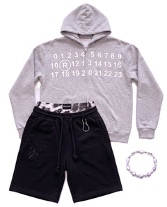 Numbers hoodie set, grey zip hoodie with black shorts and bracelet