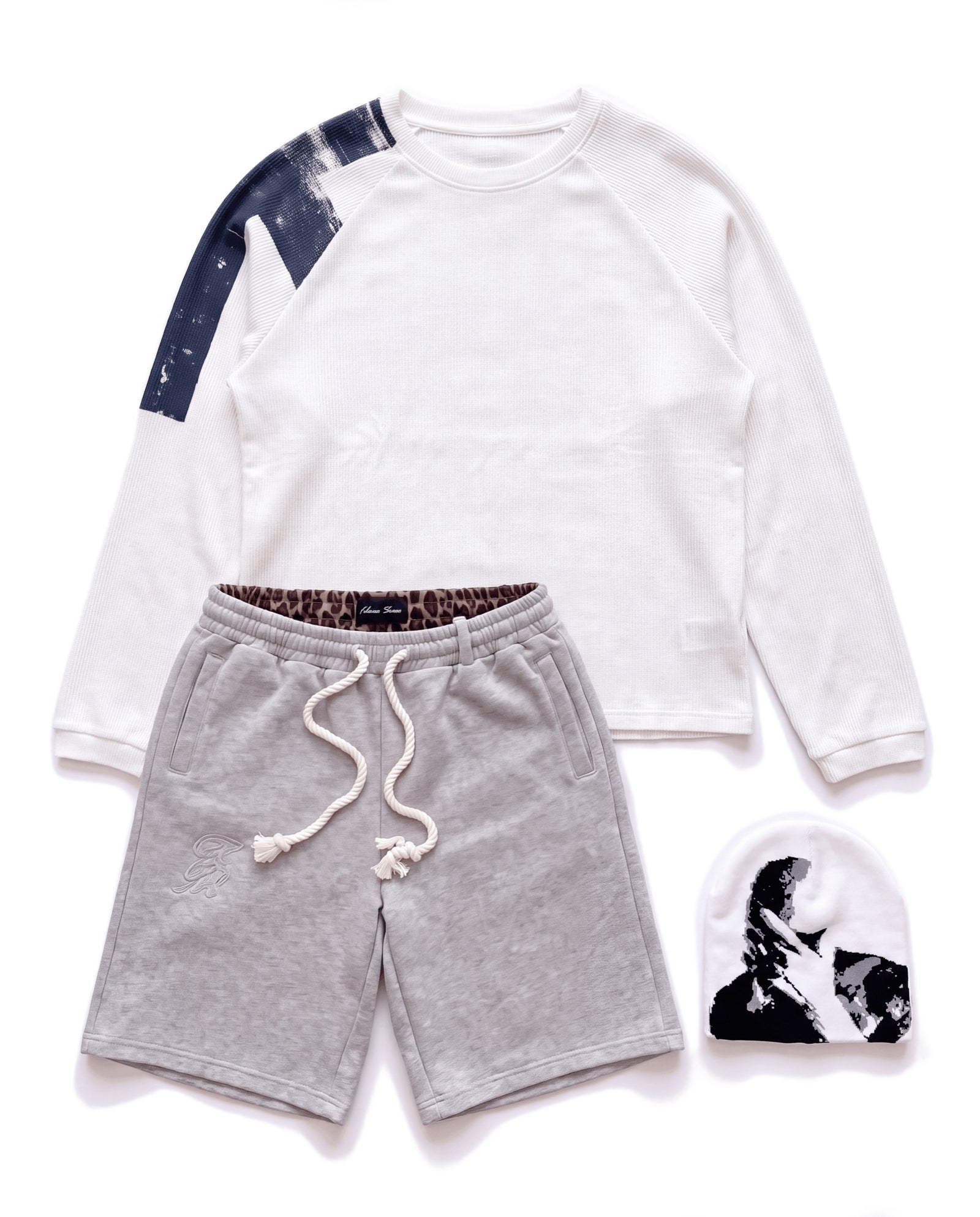 Paint Raglan set, white waffle raglan with grey shorts and beanie