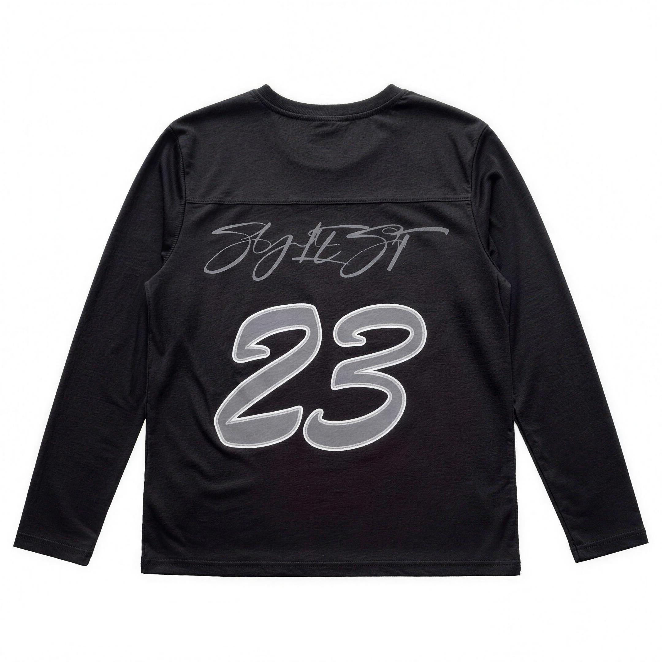 MIDNIGHT 23 long sleeve, black, flat lay on white