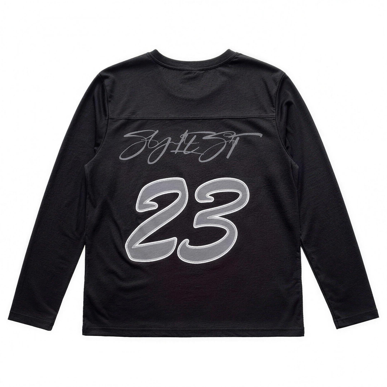 MIDNIGHT 23 long sleeve, black, flat lay on white