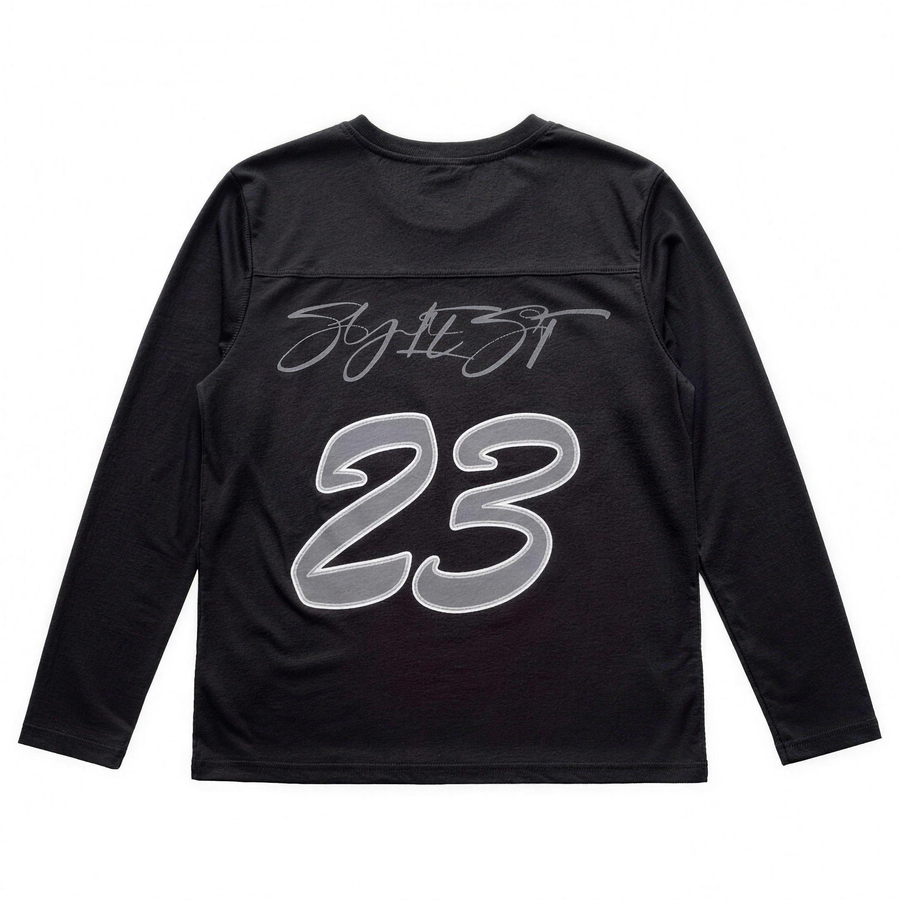 MIDNIGHT 23 long sleeve, black, flat lay on white