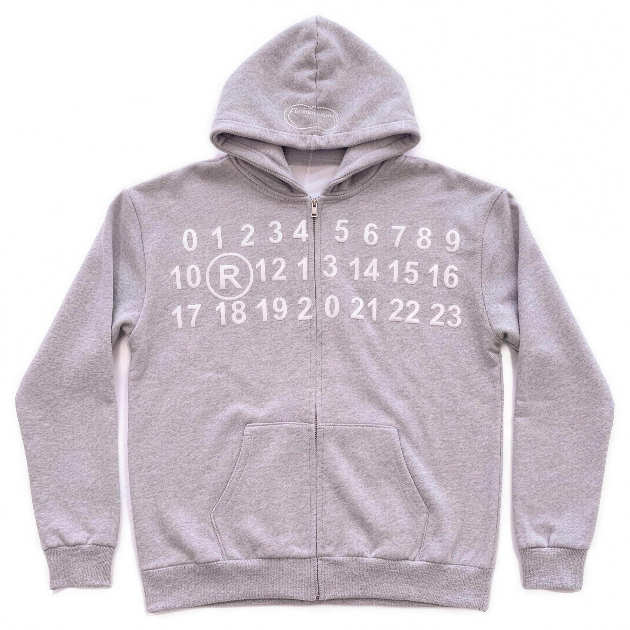 Grey marl numbers zip through hoodie, flat lay