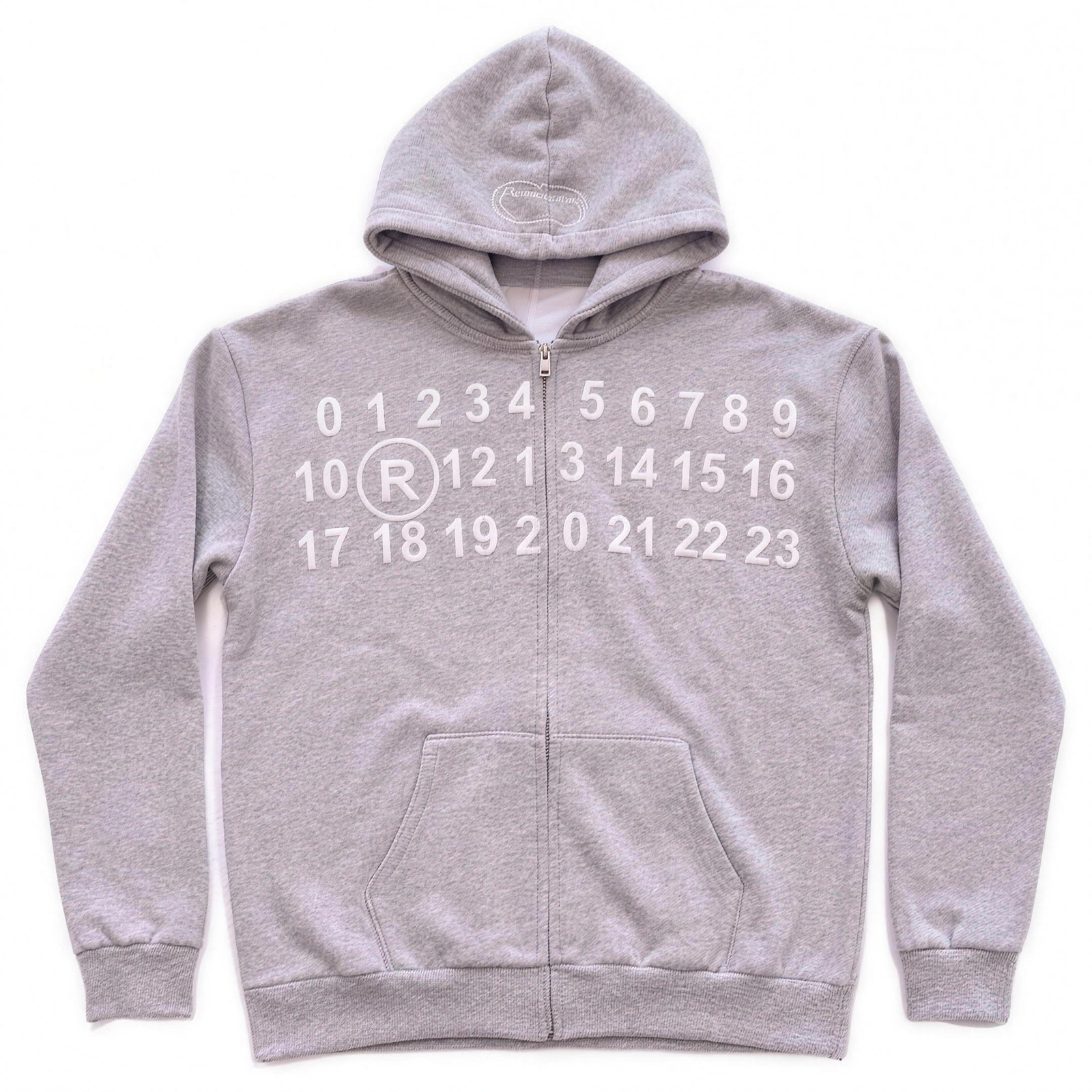Grey marl numbers zip through hoodie, flat lay
