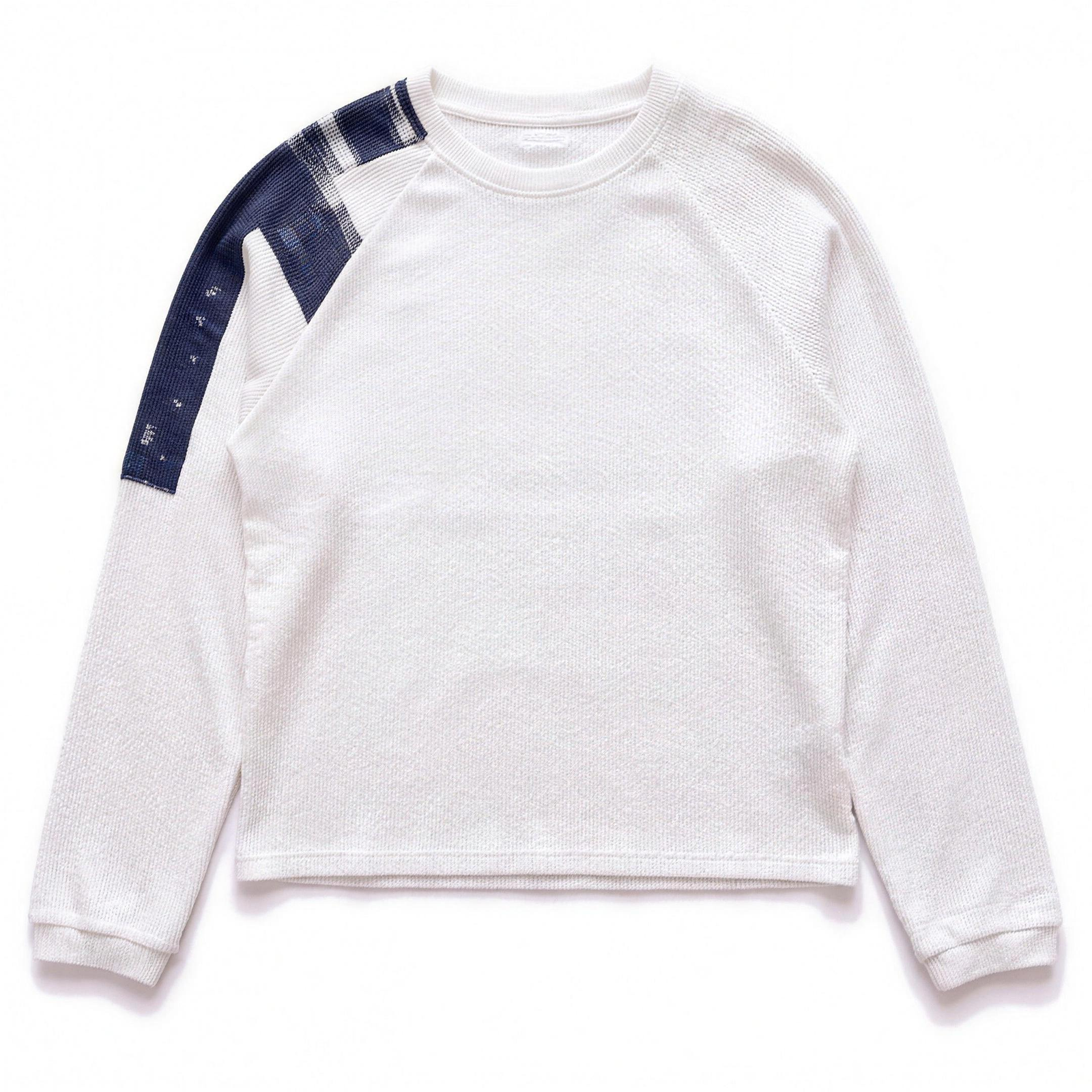 White waffle raglan long sleeve with navy painted shoulder stripe, flat lay