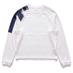White waffle raglan long sleeve with navy painted shoulder stripe, flat lay