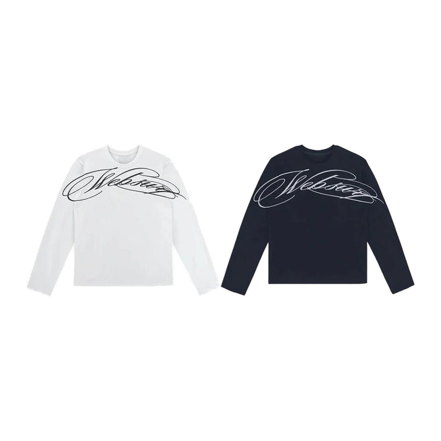 Script sweep long sleeve, white and navy