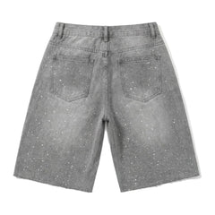 Script splatter denim shorts, back