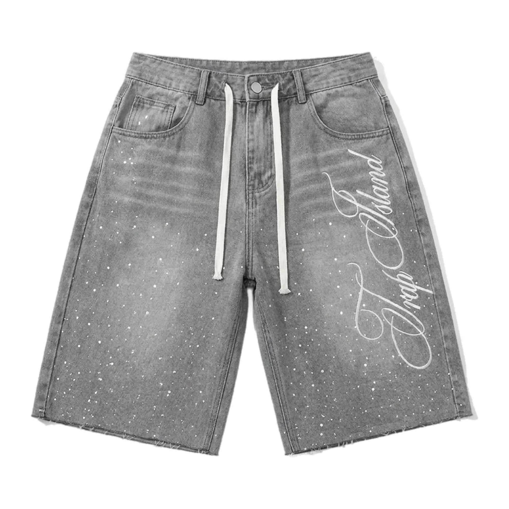 Script splatter denim shorts, front